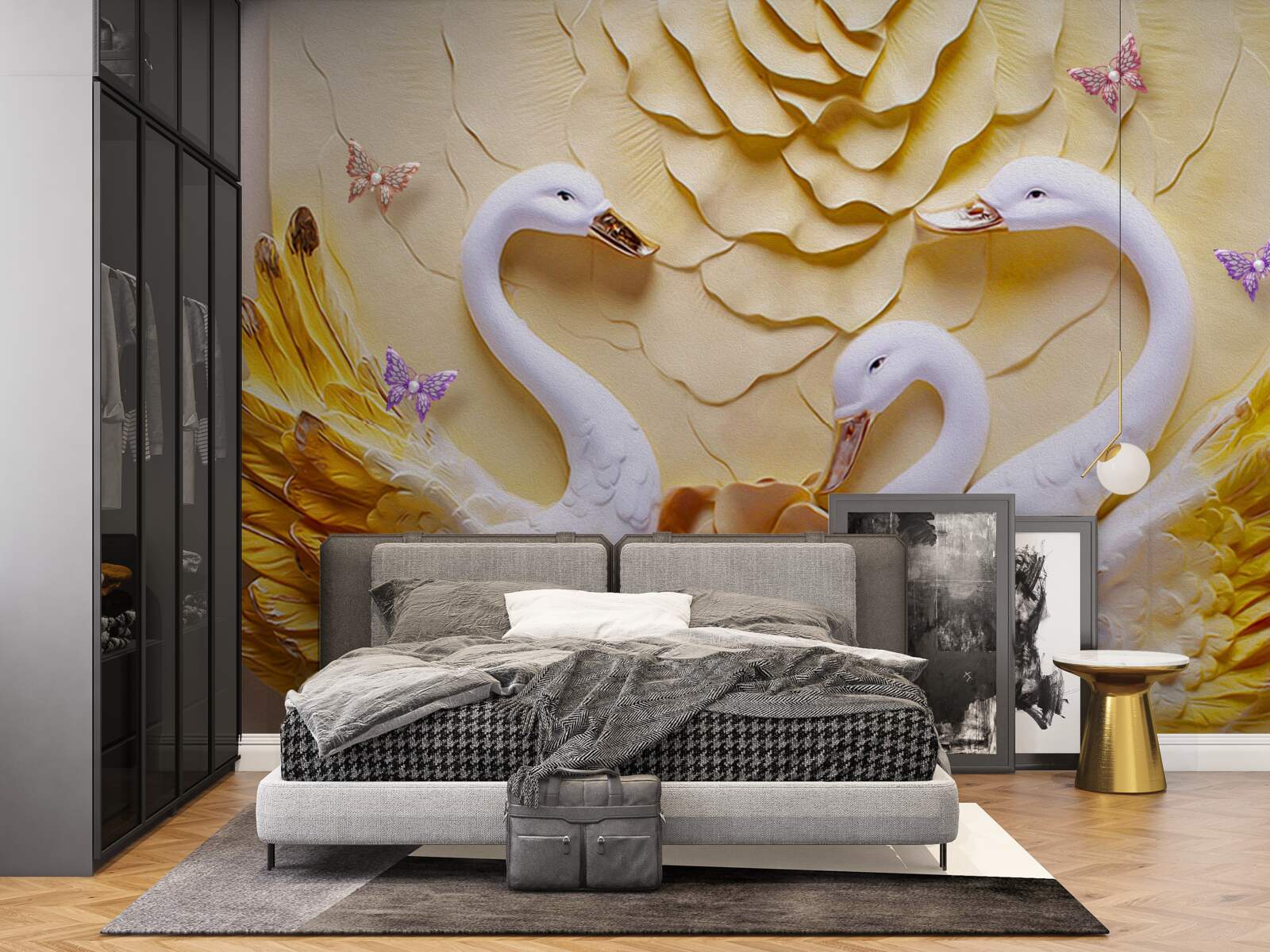 Фотошпалери лебеді білі з крилами, облямованими золотом