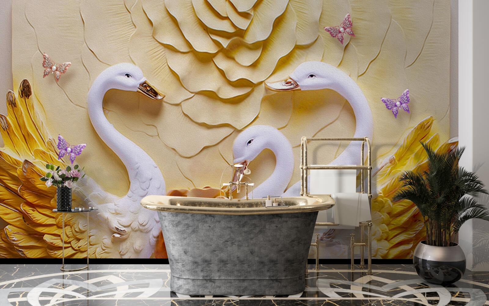 Фотошпалери лебеді білі з крилами, облямованими золотом