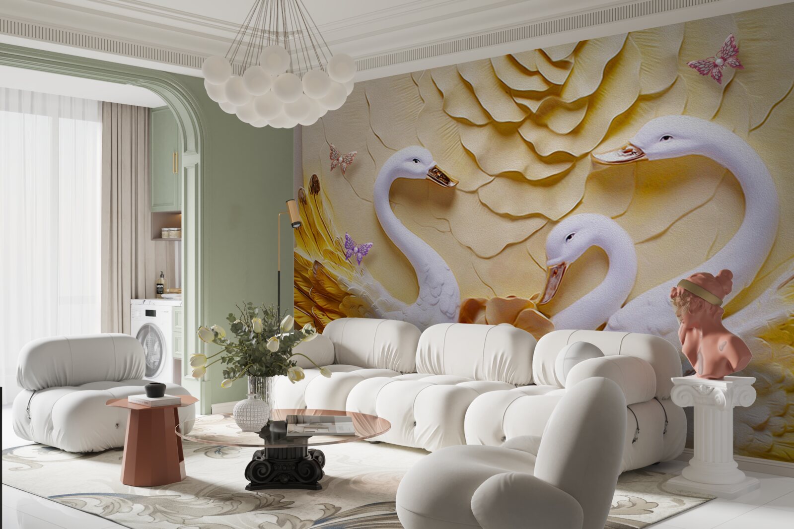 Фотошпалери лебеді білі з крилами, облямованими золотом