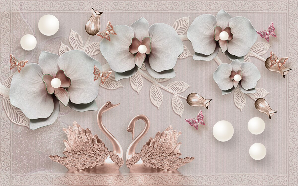 Фотошпалери прикрашені золотом лебеді плавають серед водяних квітів