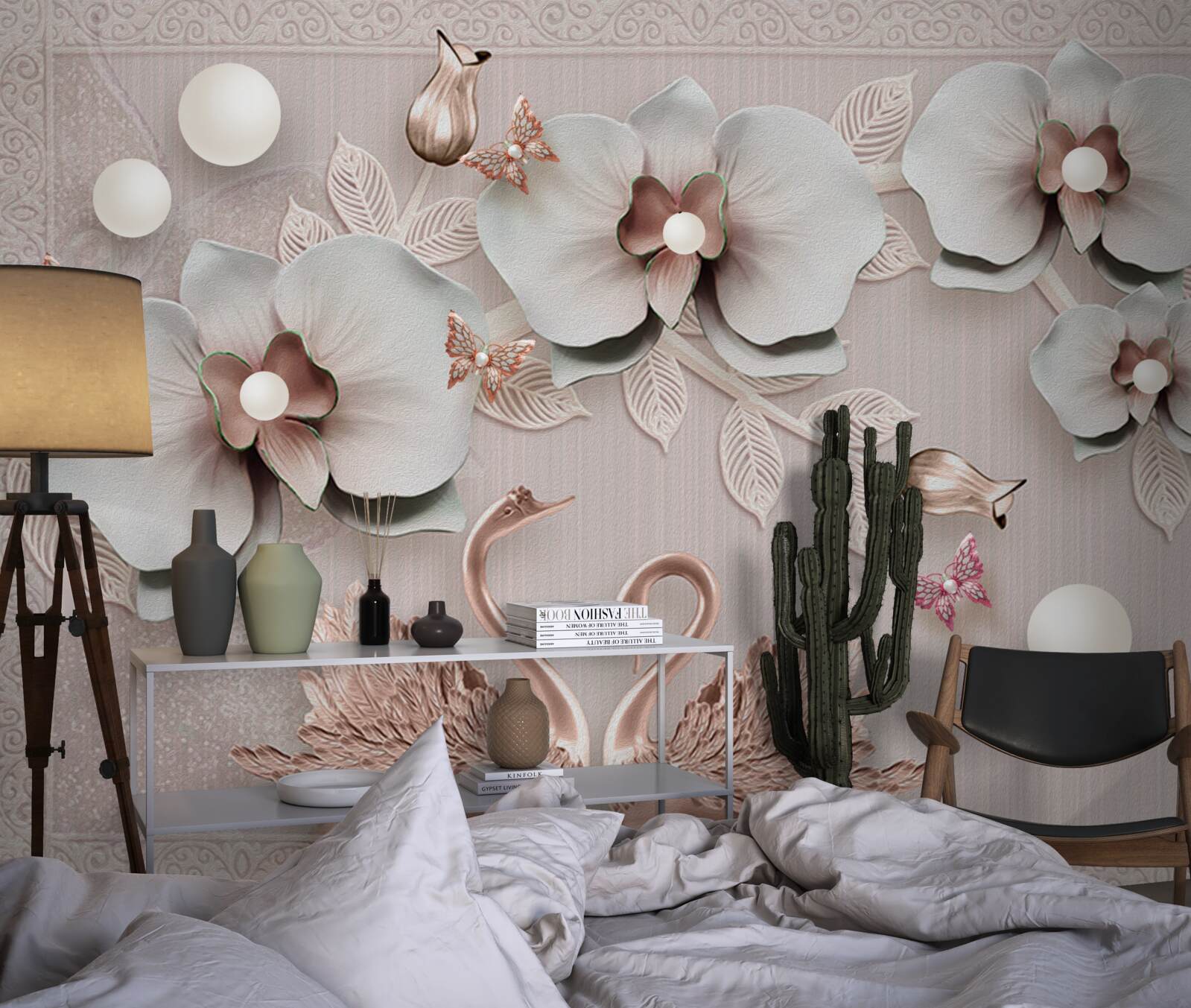 Фотошпалери прикрашені золотом лебеді плавають серед водяних квітів