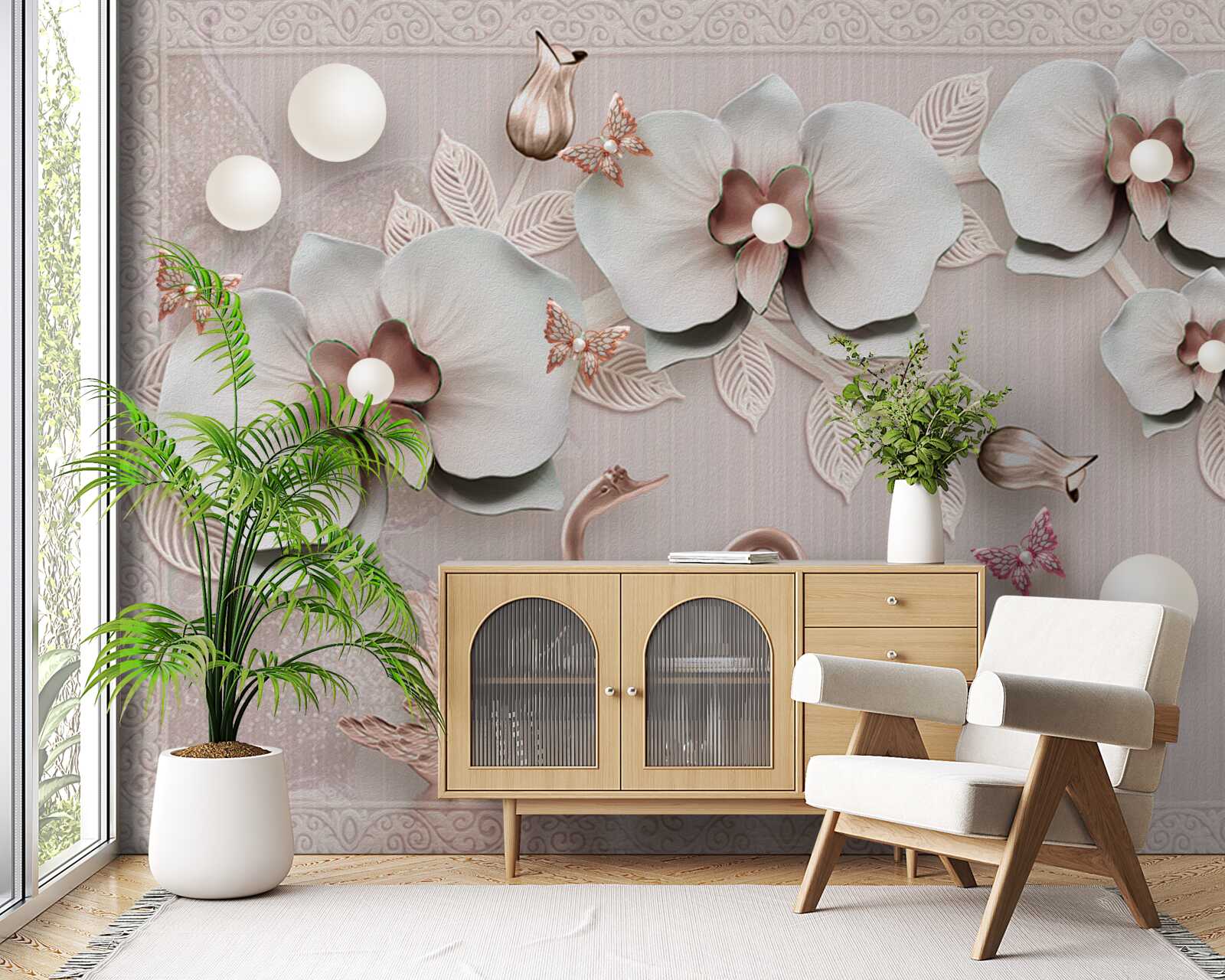 Фотошпалери прикрашені золотом лебеді плавають серед водяних квітів