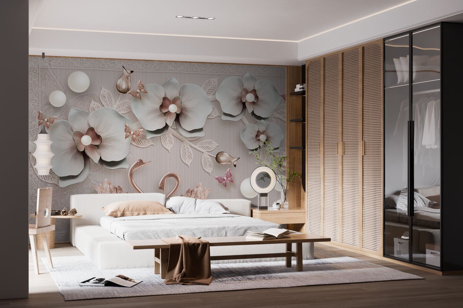 Фотошпалери прикрашені золотом лебеді плавають серед водяних квітів