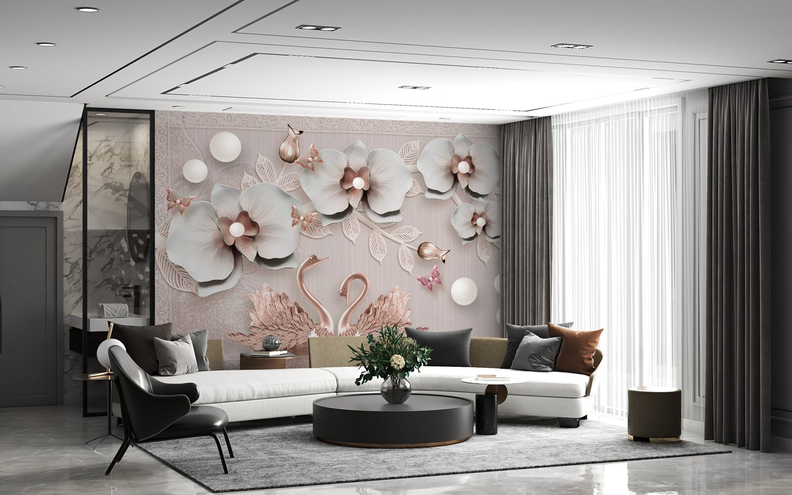 Фотошпалери прикрашені золотом лебеді плавають серед водяних квітів