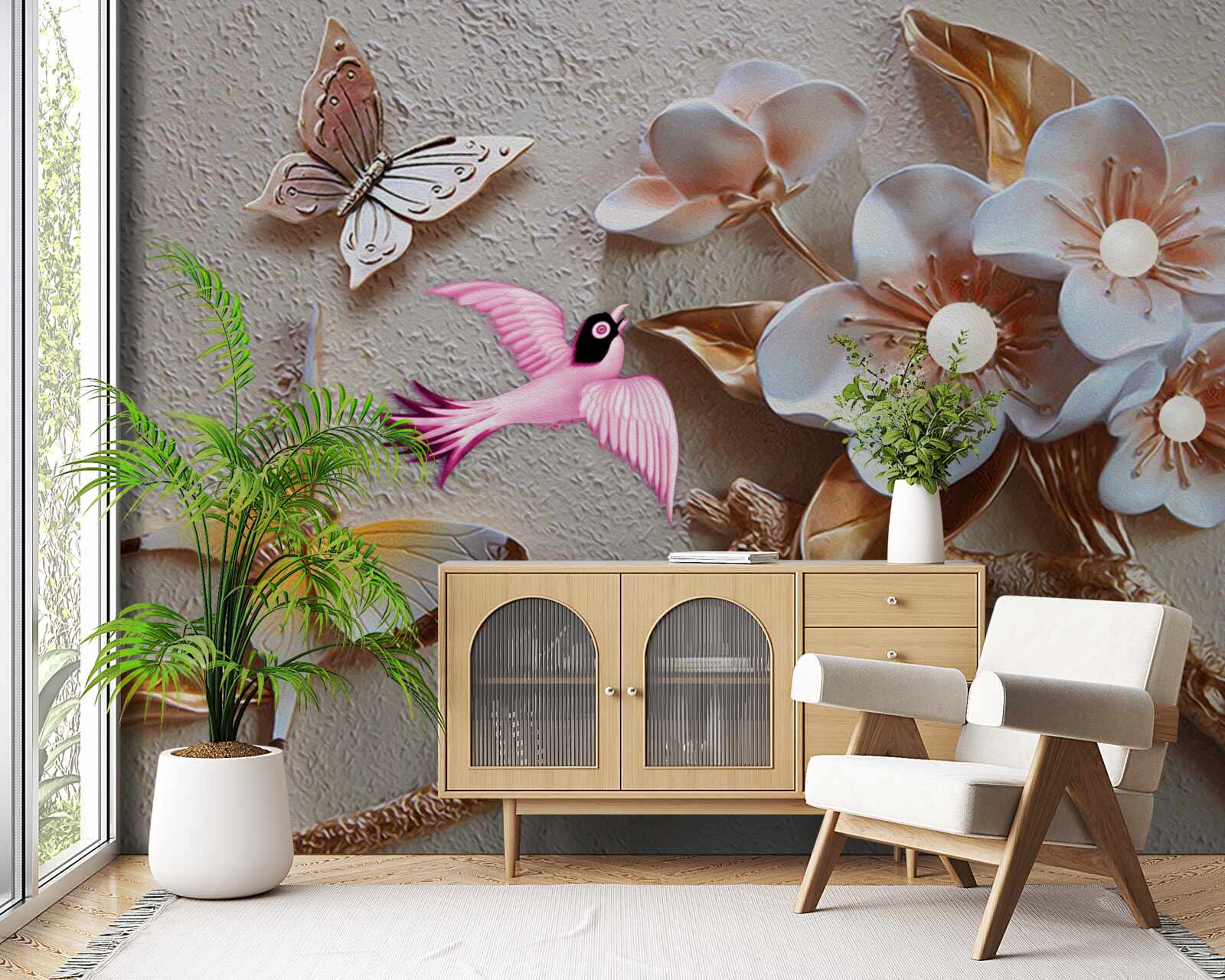 Фотошпалери квіти приносять радість метеликам і ластівкам