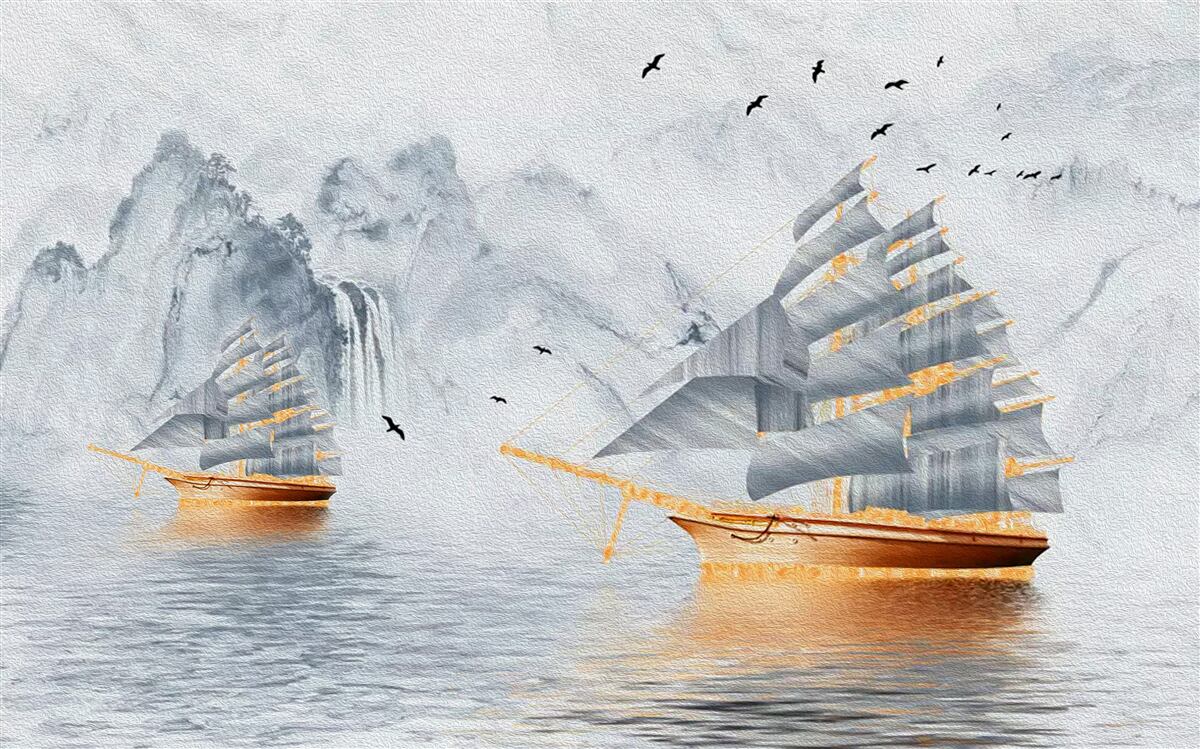 Фотошпалери з гавані випливає мальовничий корабель