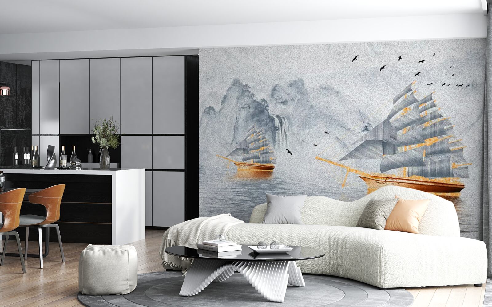 Фотошпалери з гавані випливає мальовничий корабель