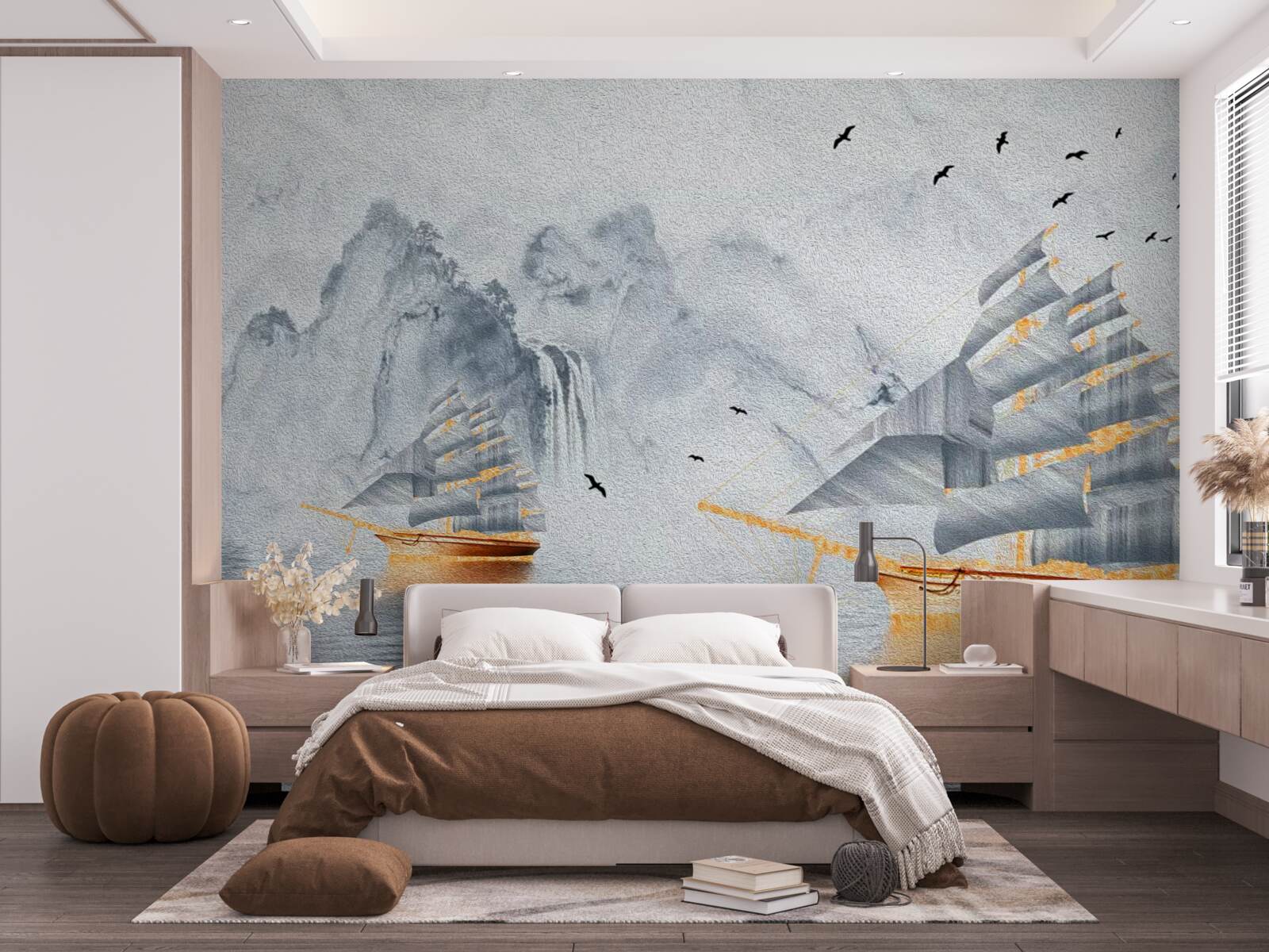 Фотошпалери з гавані випливає мальовничий корабель