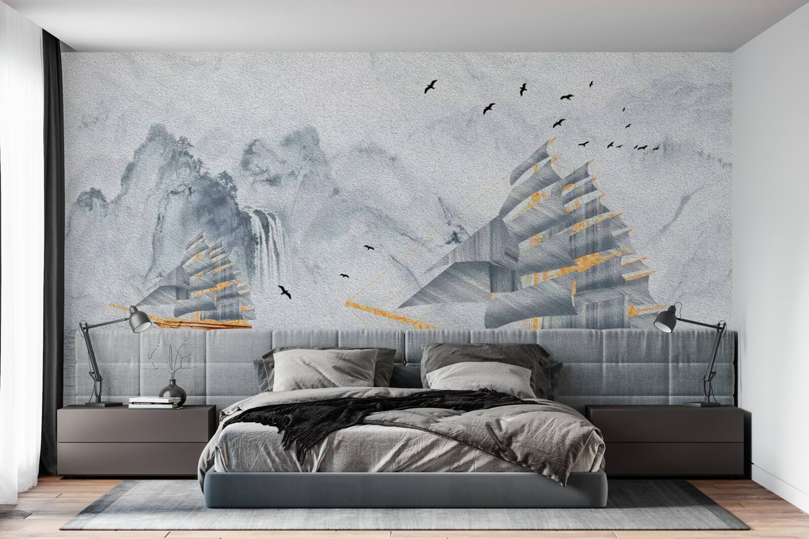 Фотошпалери з гавані випливає мальовничий корабель