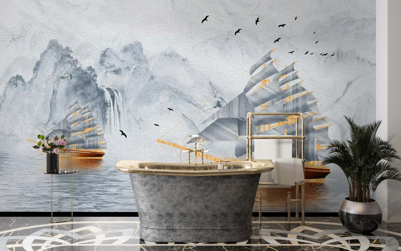 Фотошпалери з гавані випливає мальовничий корабель