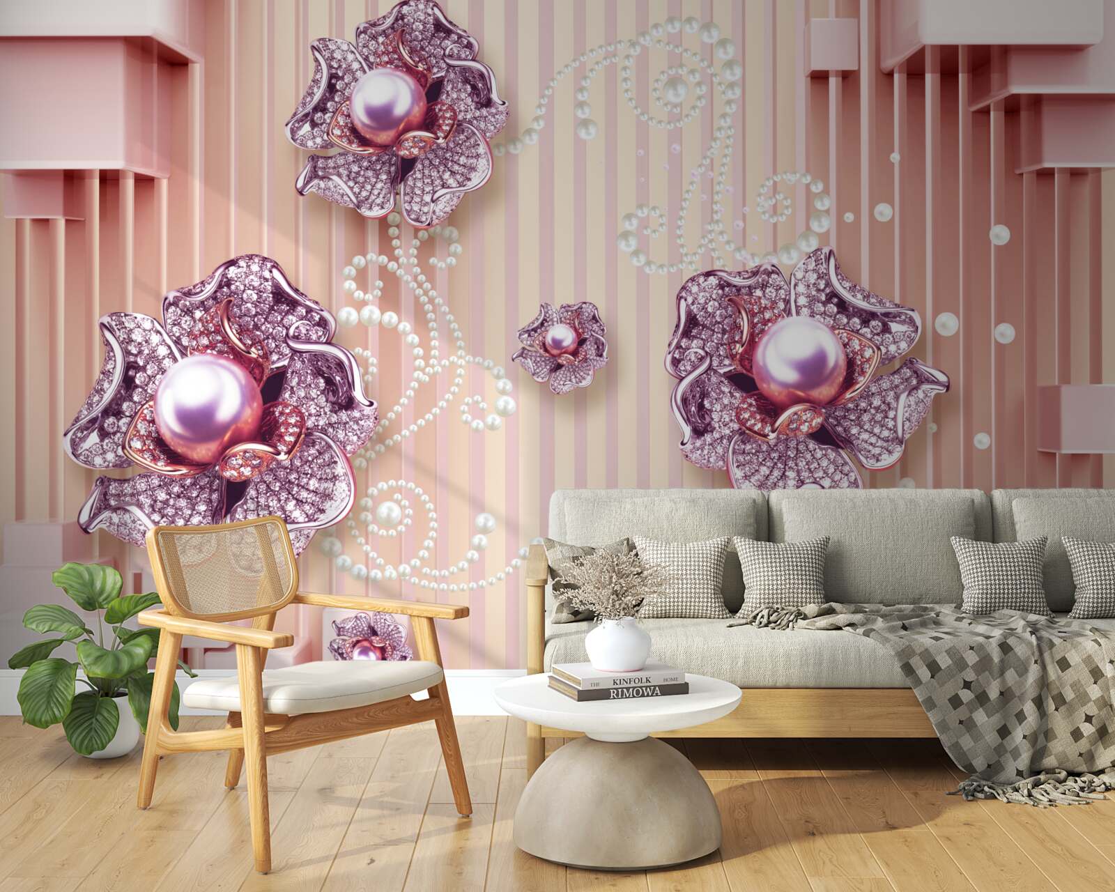 Фотошпалери діамантові та перлинні квіти на рожевому тлі