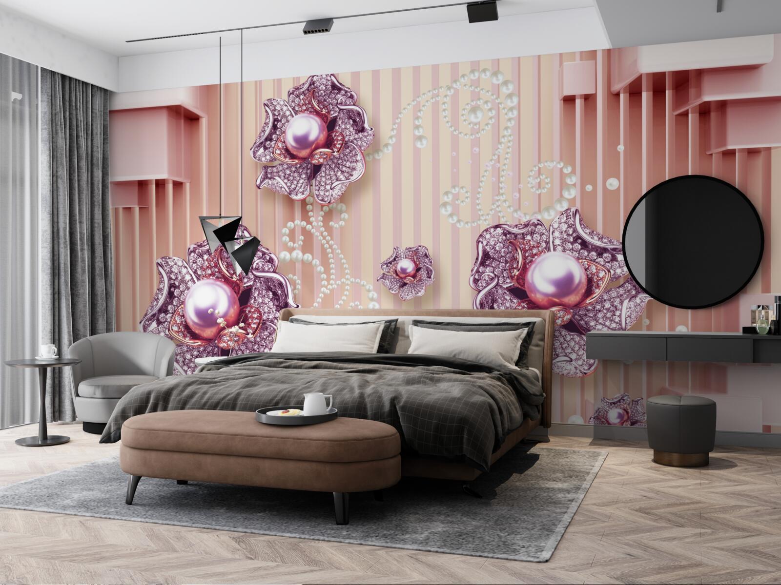 Фотошпалери діамантові та перлинні квіти на рожевому тлі
