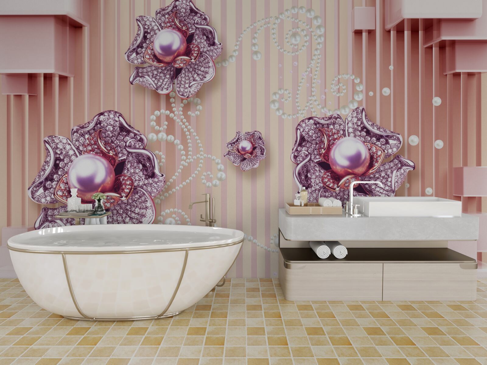 Фотошпалери діамантові та перлинні квіти на рожевому тлі