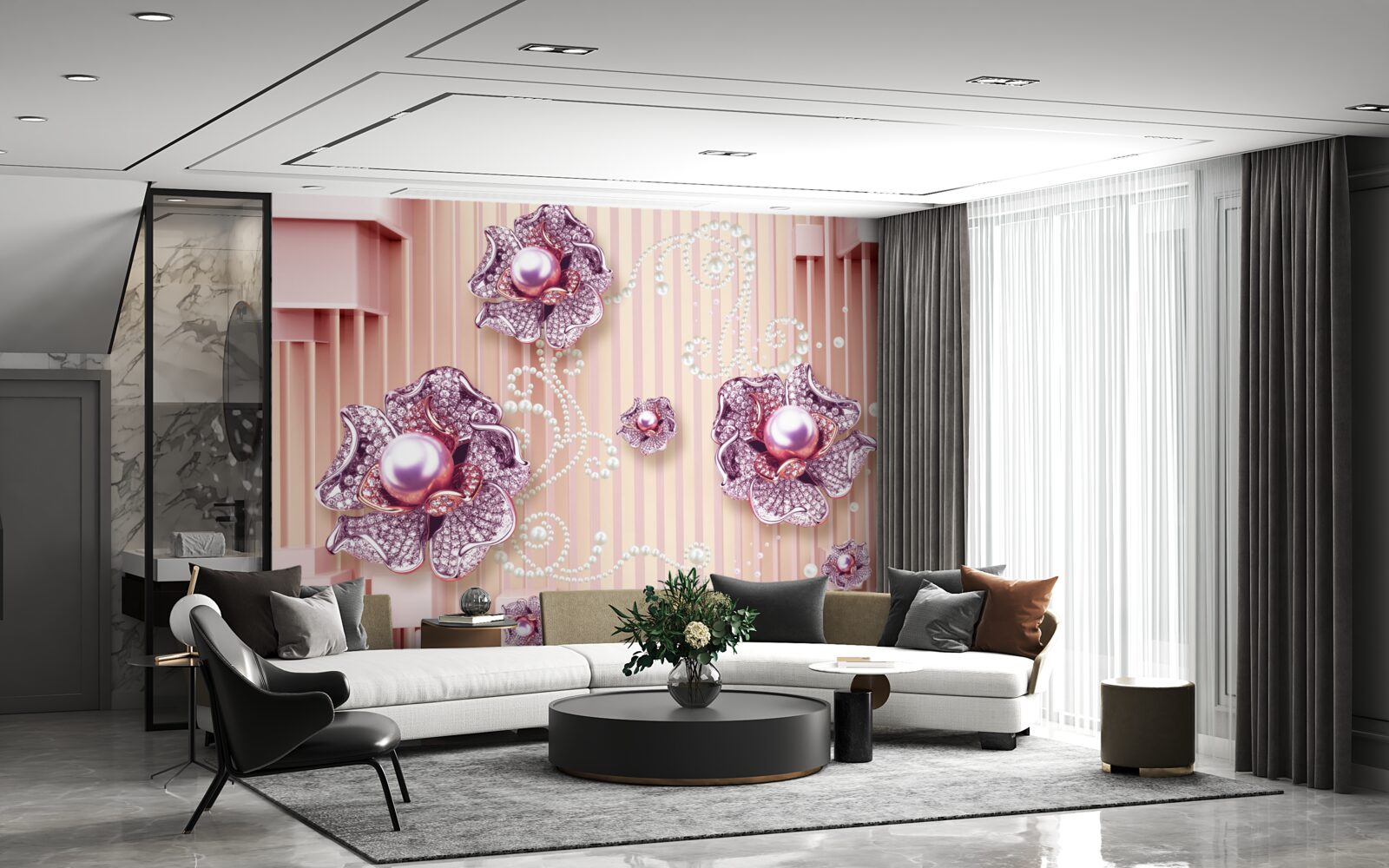 Фотошпалери діамантові та перлинні квіти на рожевому тлі