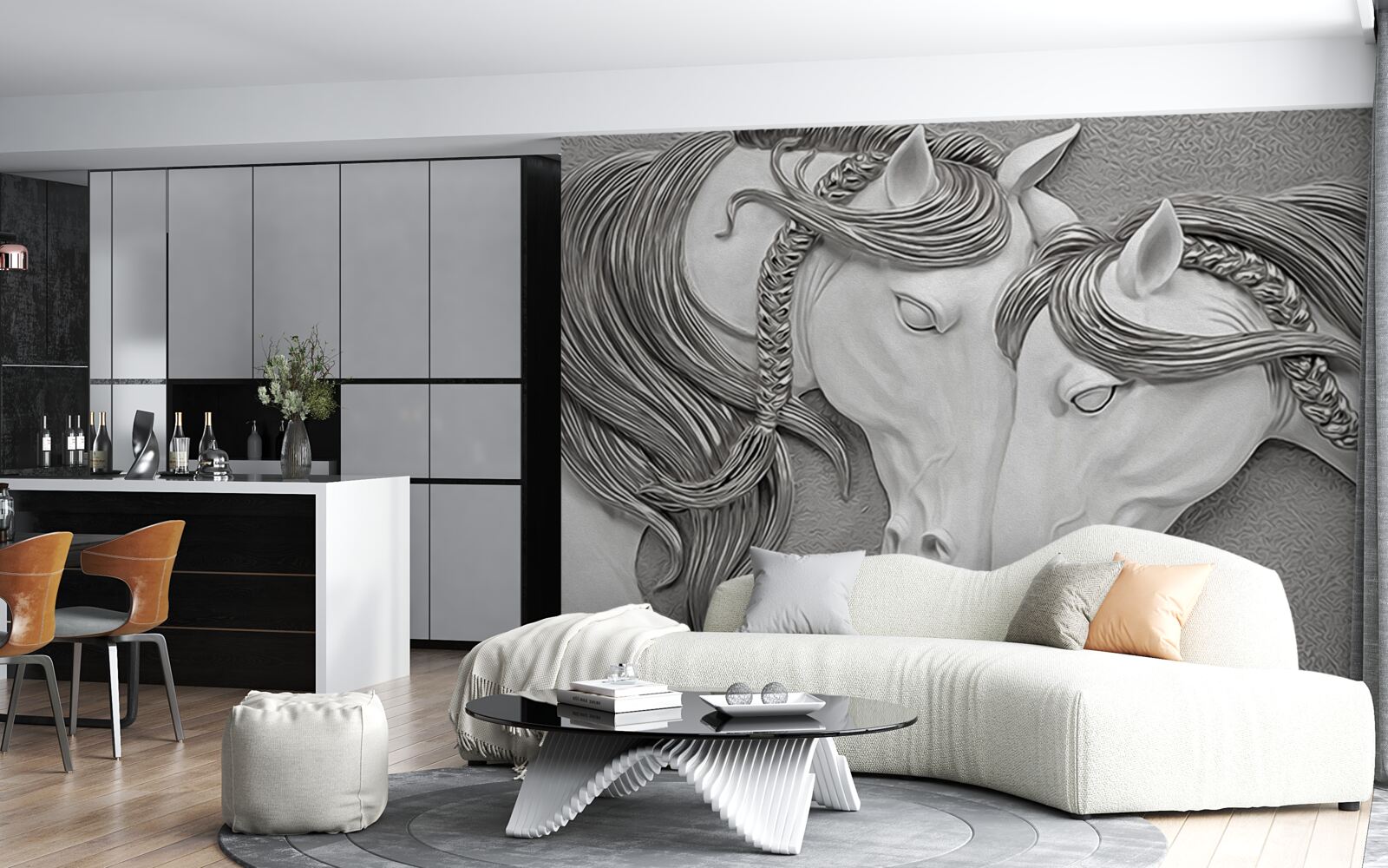 Фотошпалери рельєф із зображенням закоханих коней