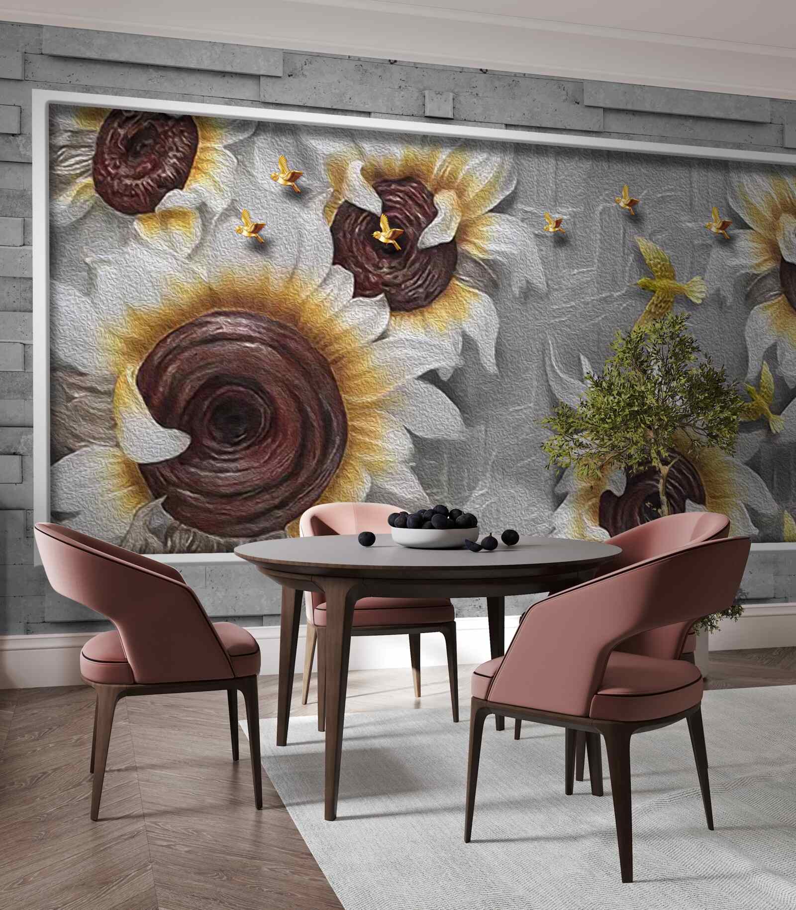 Фотошпалери білі соняшники та метелики