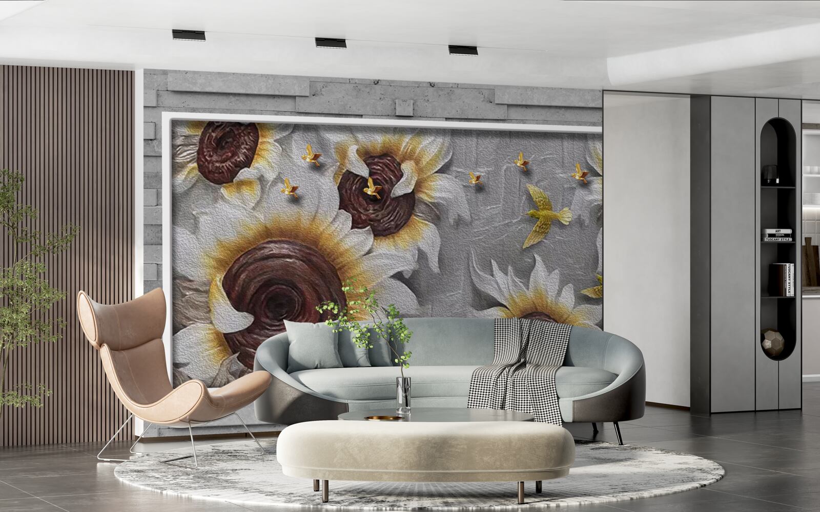 Фотошпалери білі соняшники та метелики