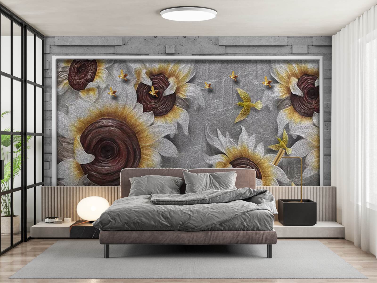 Фотошпалери білі соняшники та метелики