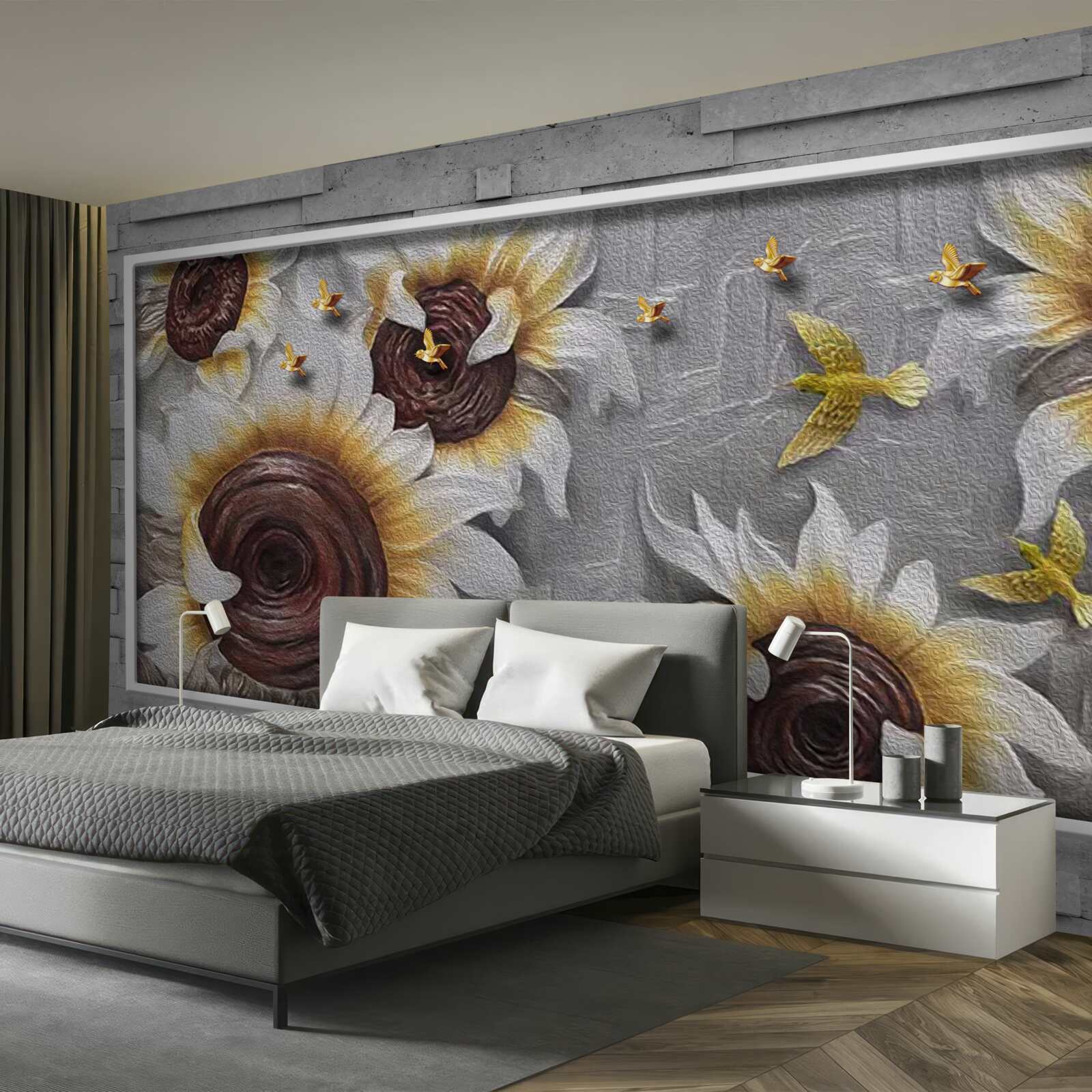 Фотошпалери білі соняшники та метелики