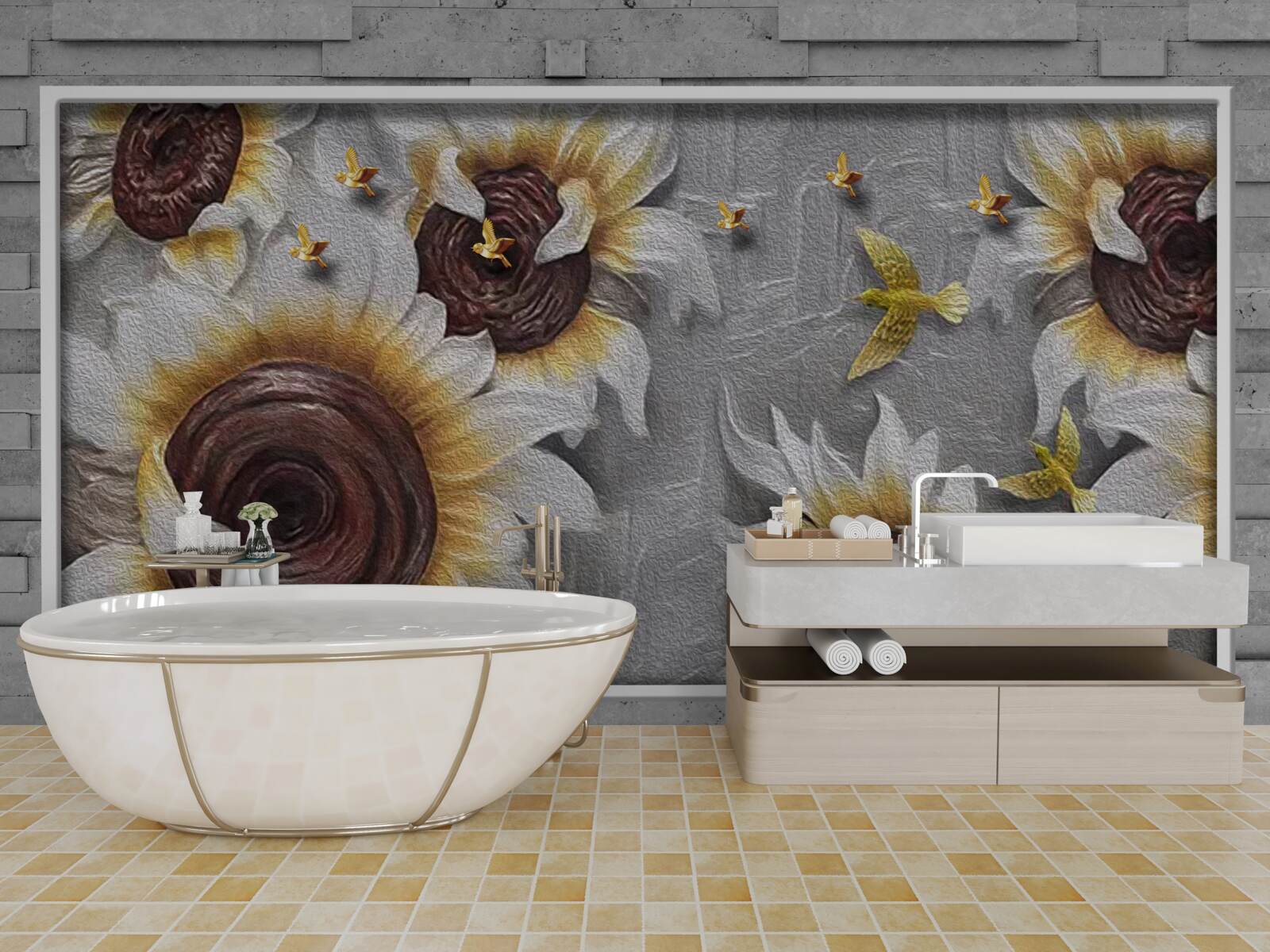 Фотошпалери білі соняшники та метелики