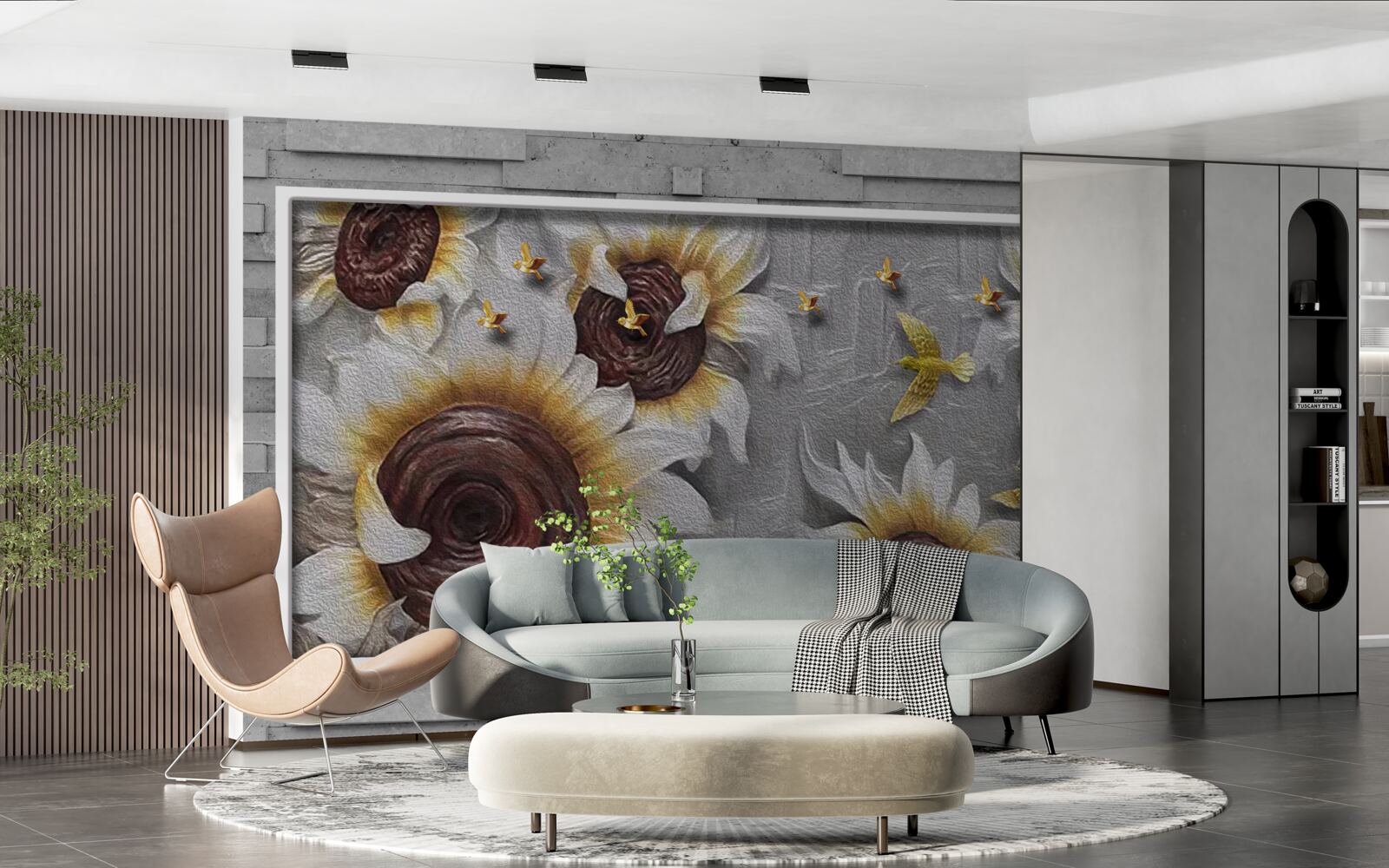 Фотошпалери білі соняшники та метелики