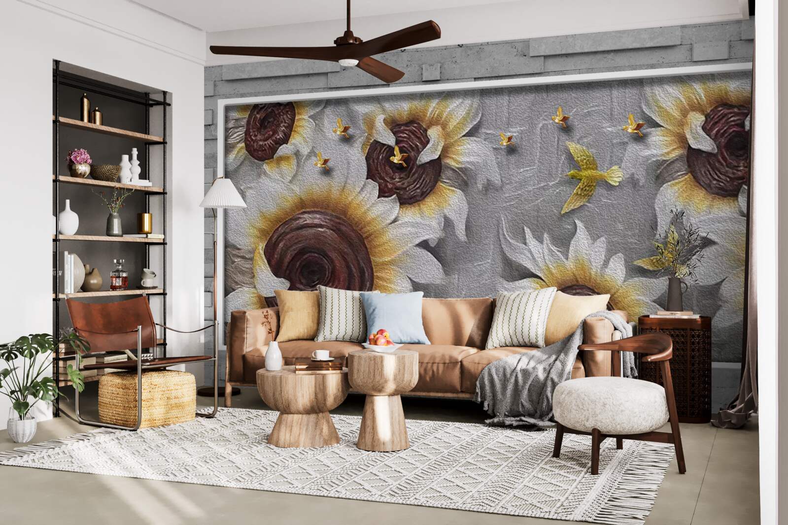 Фотошпалери білі соняшники та метелики