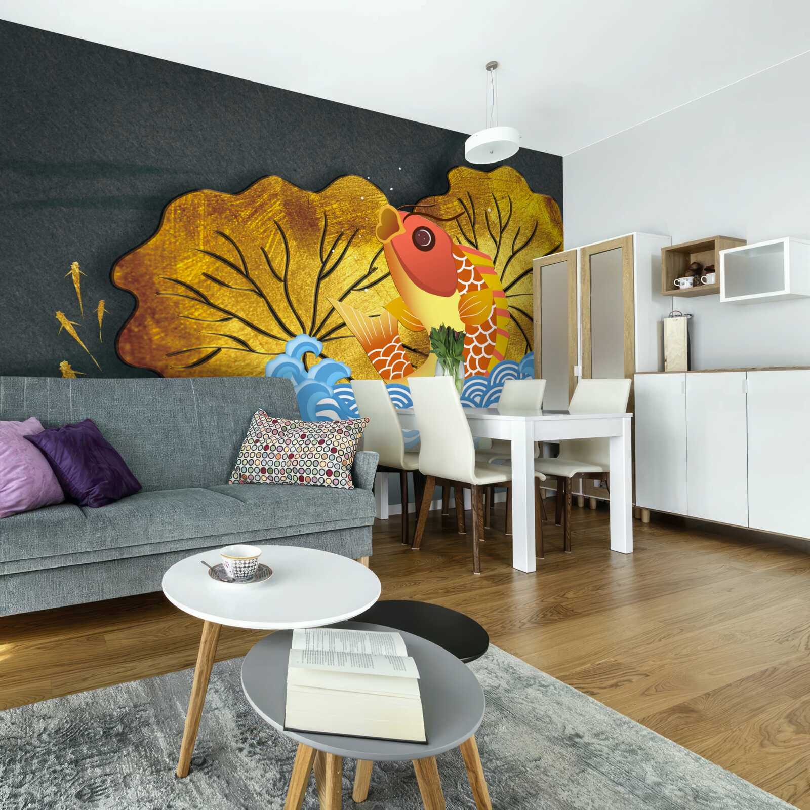 Фотошпалери осіннє листя та риба у воді