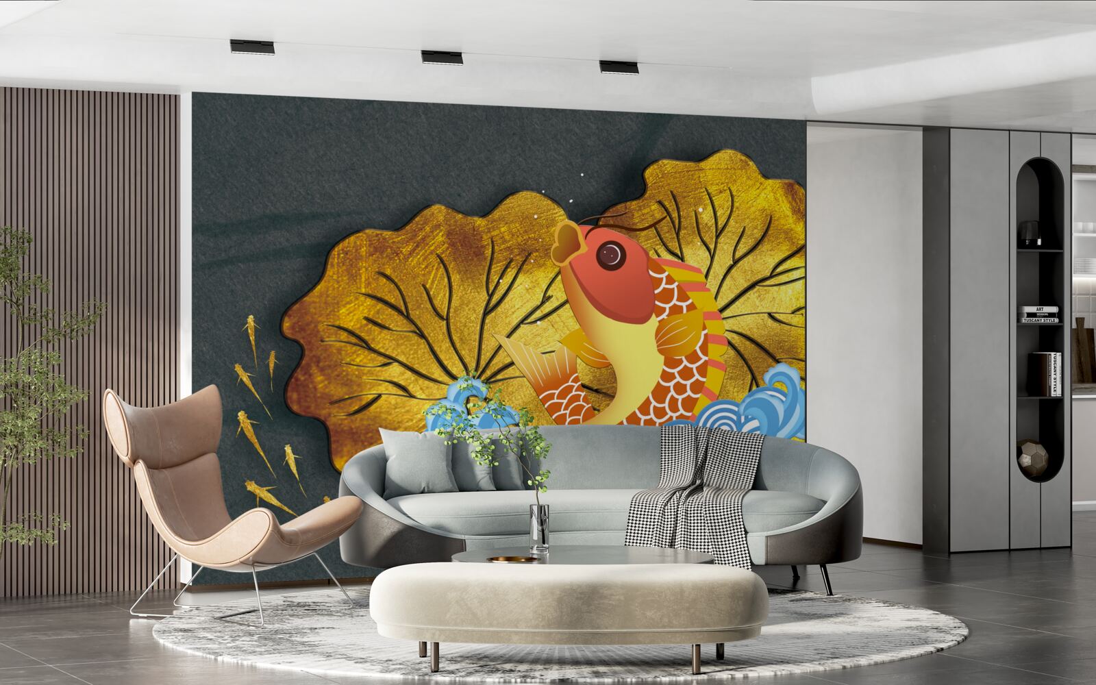 Фотошпалери осіннє листя та риба у воді