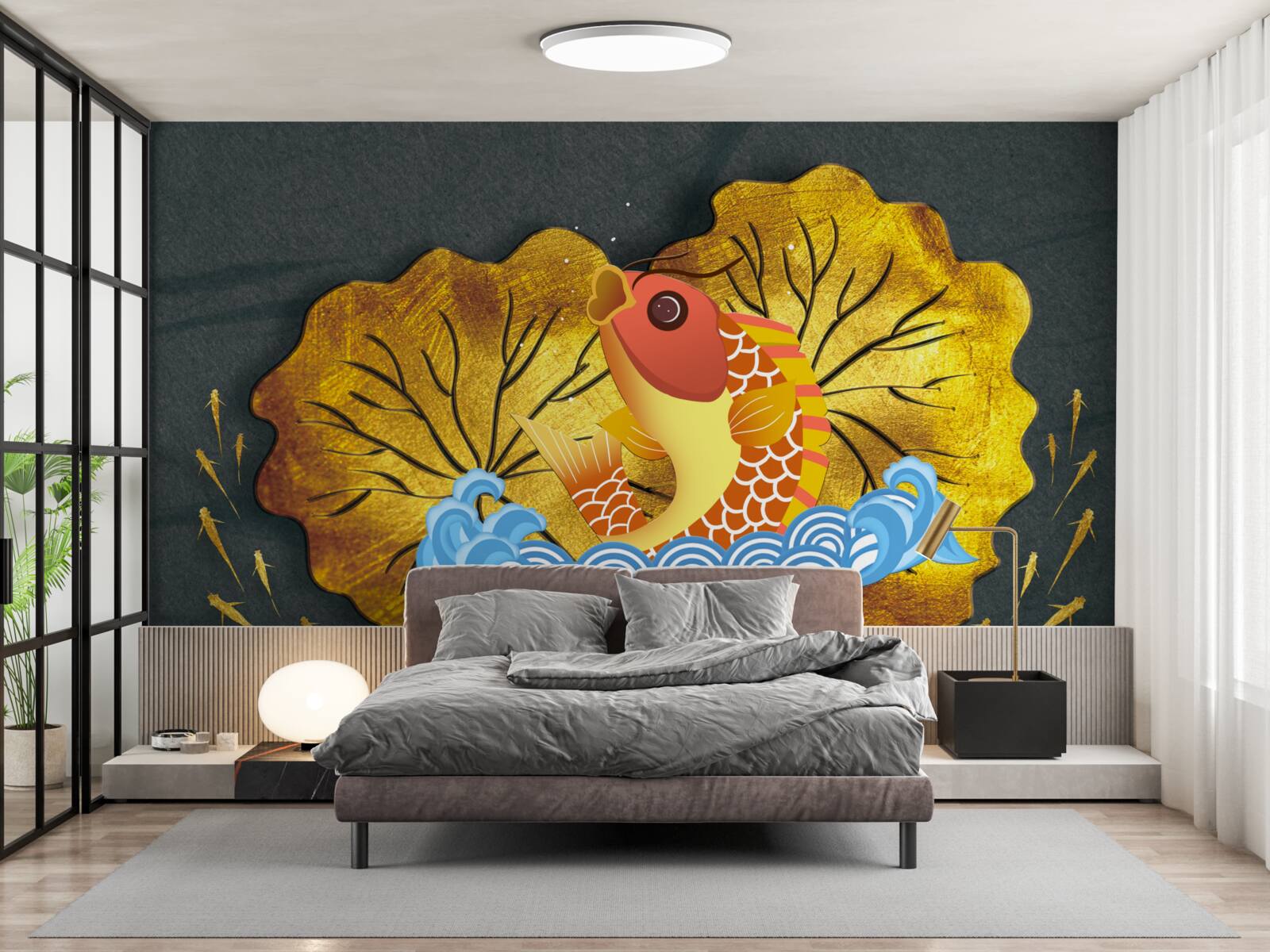 Фотошпалери осіннє листя та риба у воді