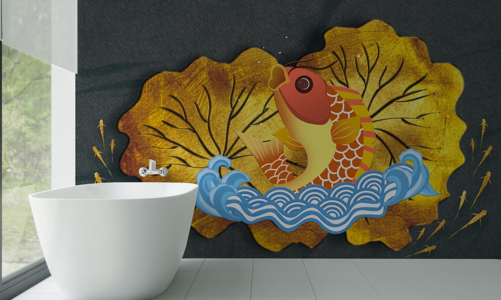 Фотошпалери осіннє листя та риба у воді