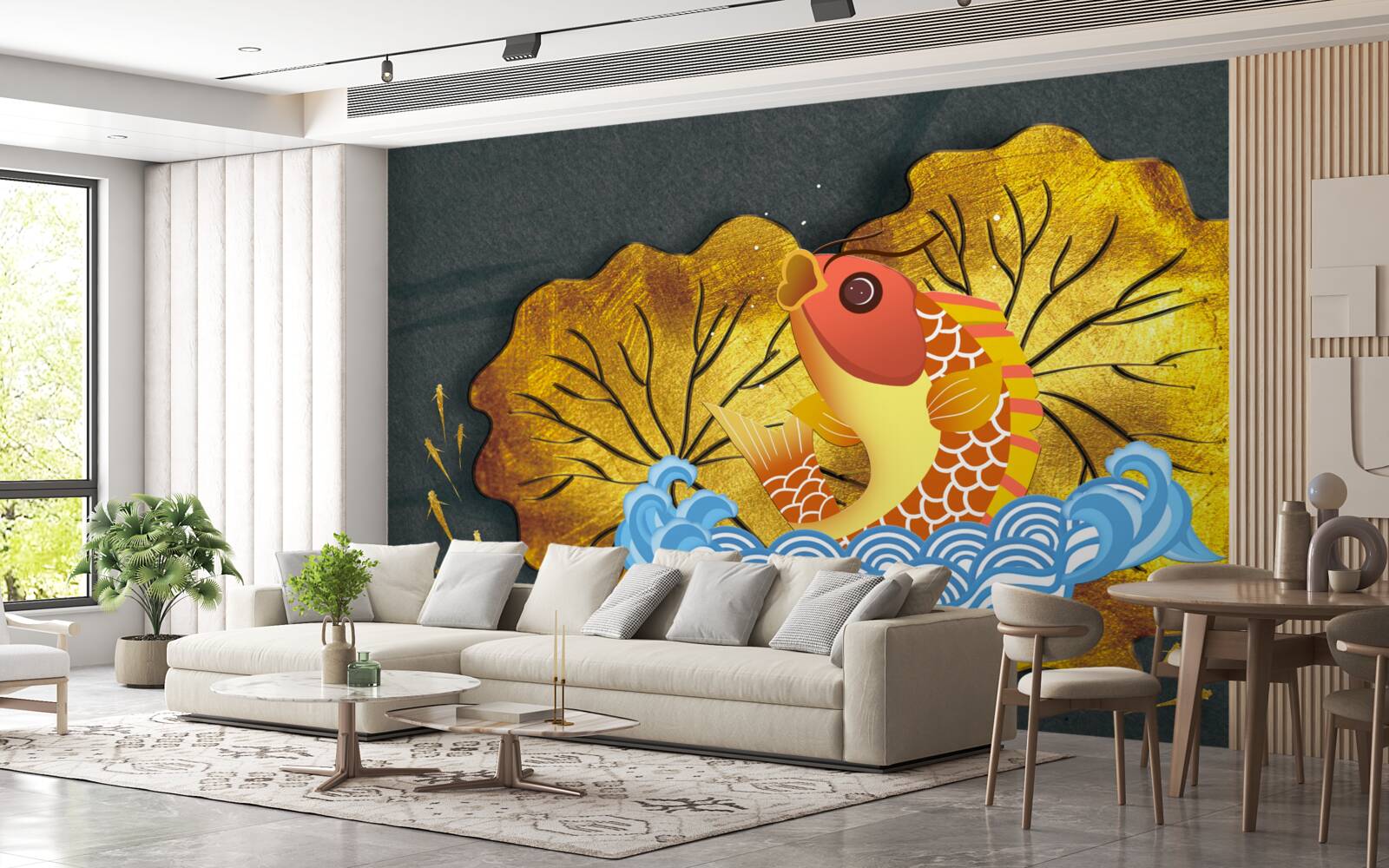 Фотошпалери осіннє листя та риба у воді