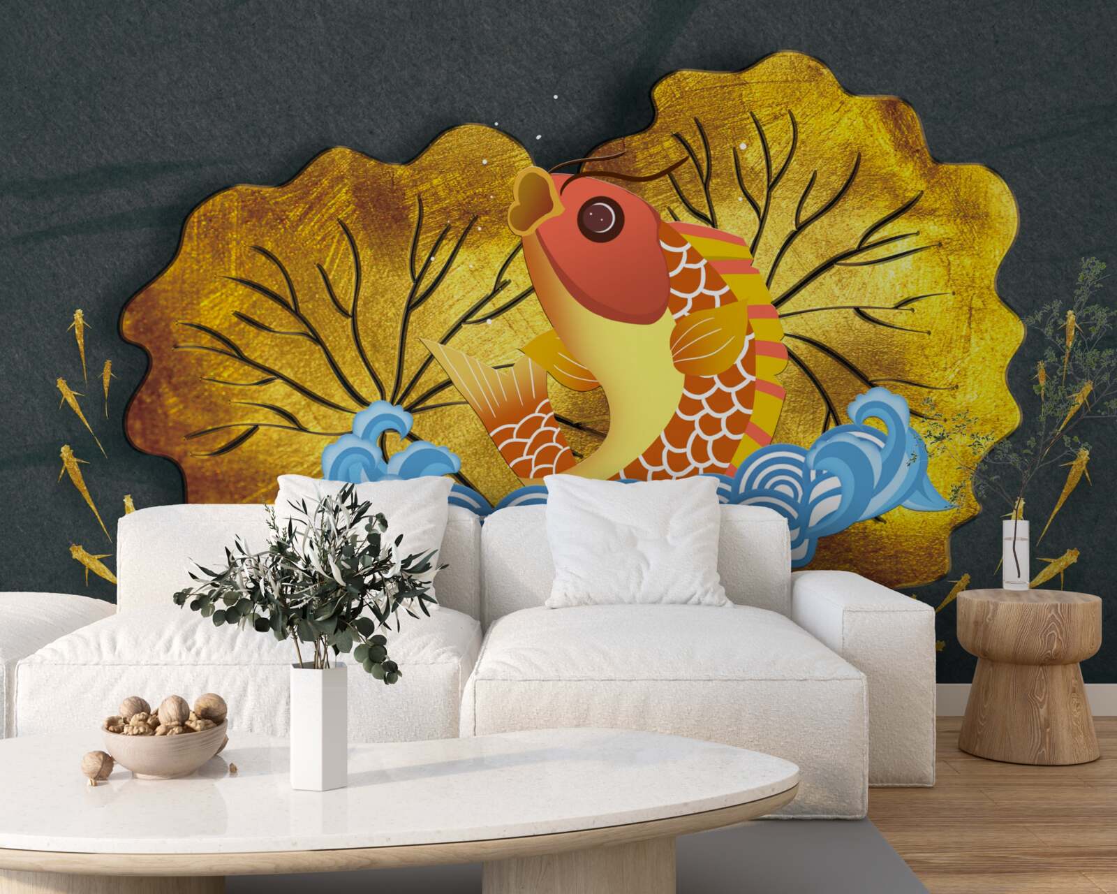 Фотошпалери осіннє листя та риба у воді