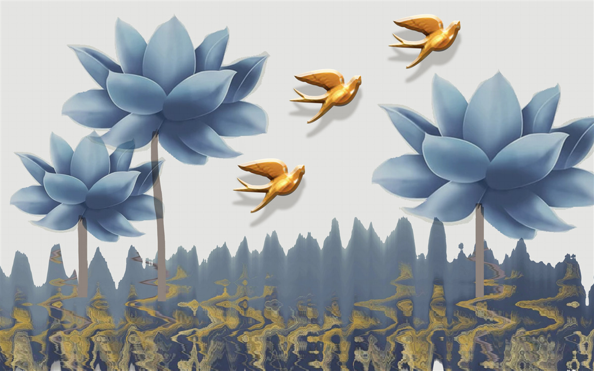 Фотошпалери золоті птахи літають над лугом, всіяним квітами