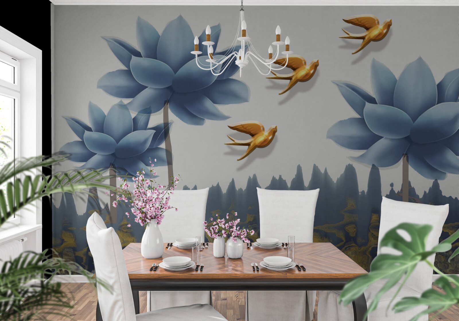 Фотошпалери золоті птахи літають над лугом, всіяним квітами