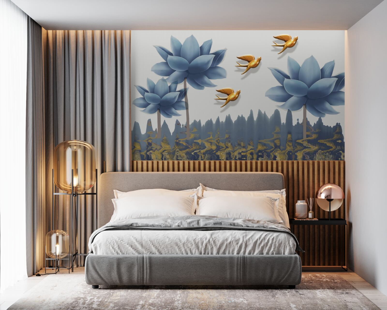 Фотошпалери золоті птахи літають над лугом, всіяним квітами