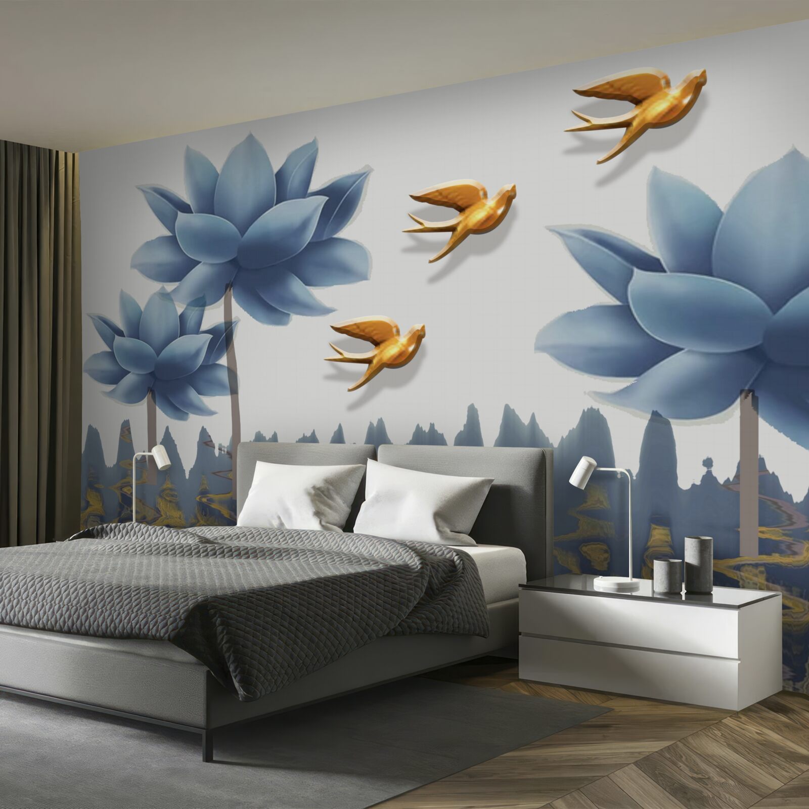 Фотошпалери золоті птахи літають над лугом, всіяним квітами