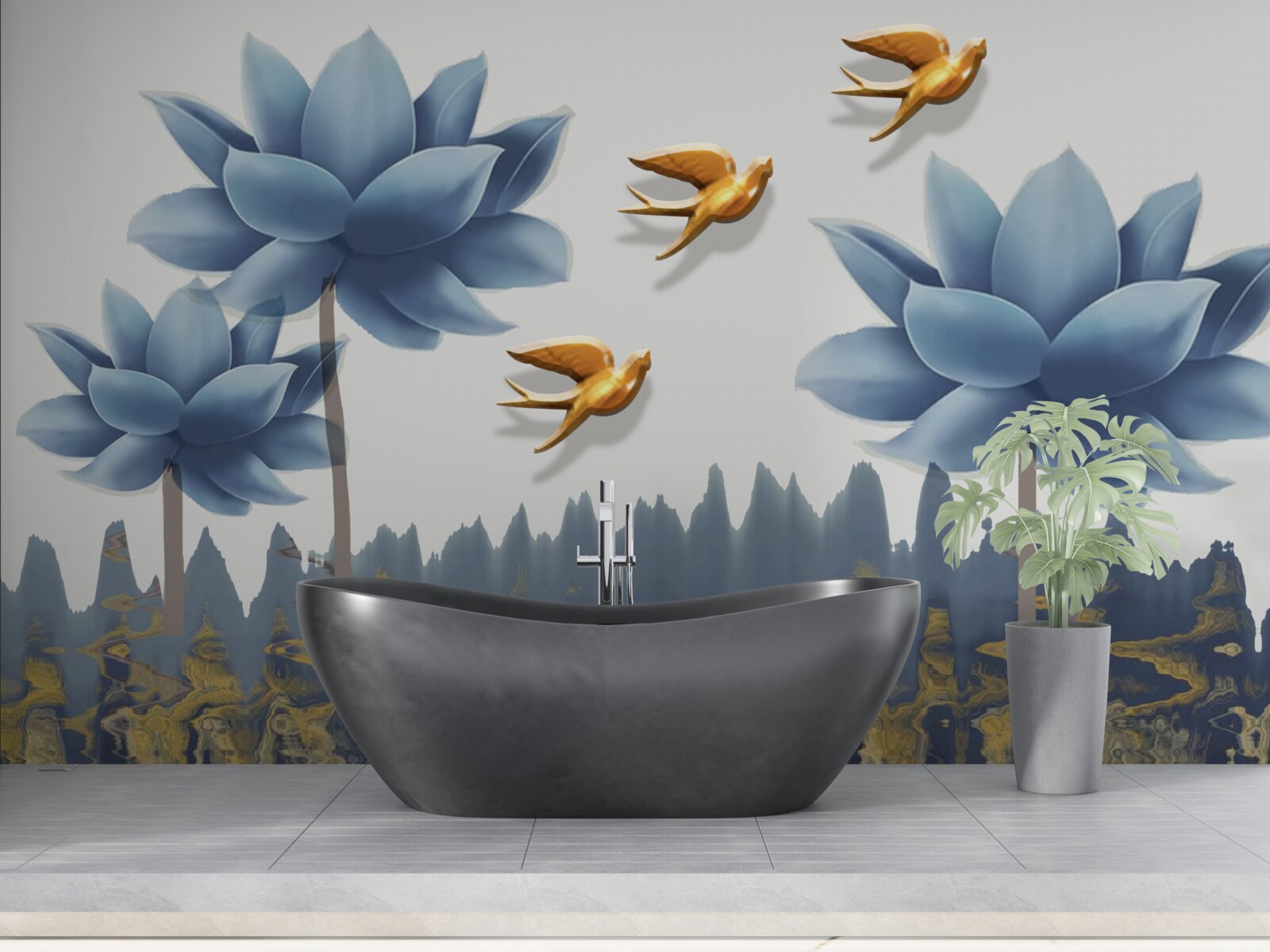 Фотошпалери золоті птахи літають над лугом, всіяним квітами