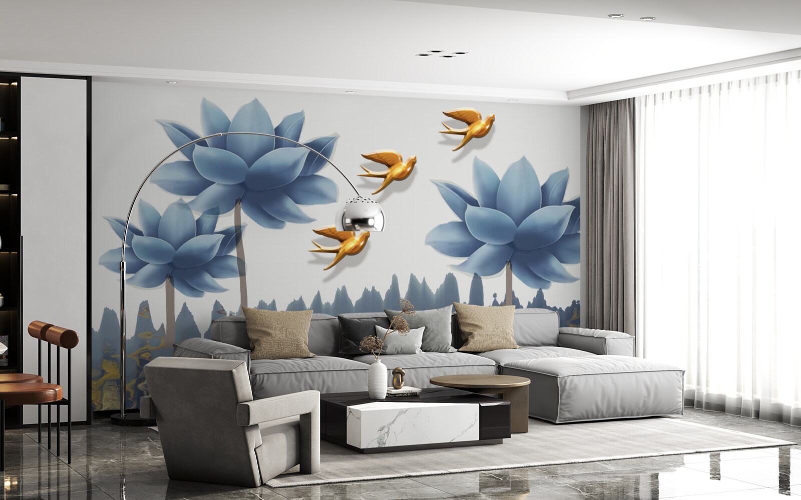 Фотошпалери золоті птахи літають над лугом, всіяним квітами