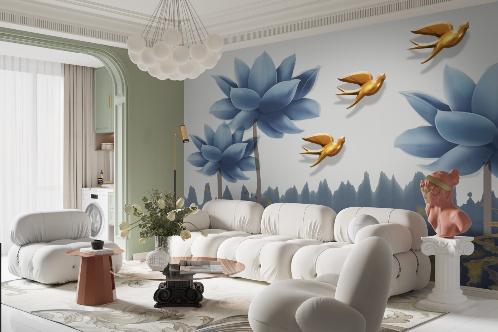 Фотошпалери золоті птахи літають над лугом, всіяним квітами