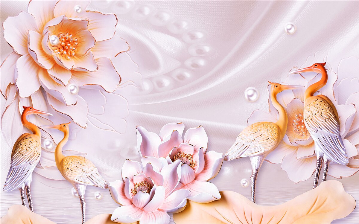 Фотошпалери зграя птахів і червоні троянди на шовку