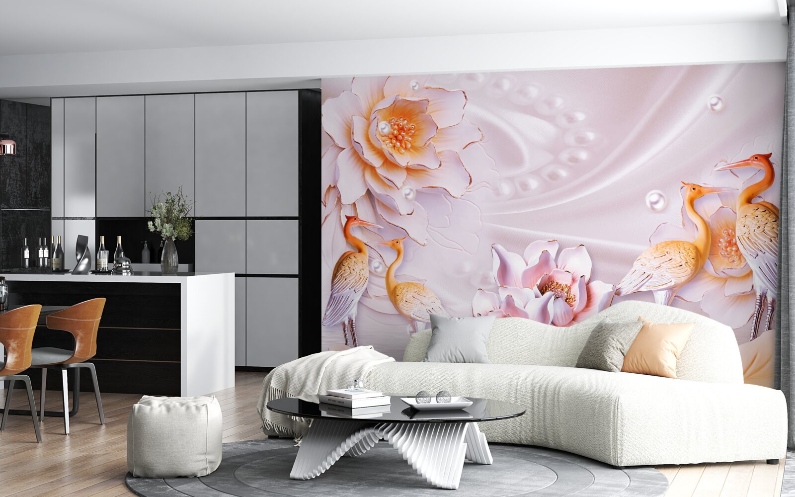 Фотошпалери зграя птахів і червоні троянди на шовку