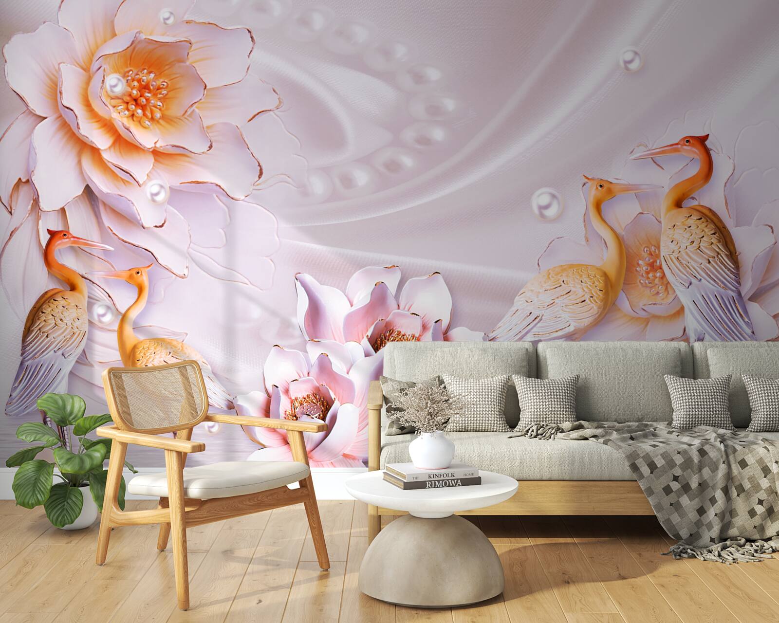 Фотошпалери зграя птахів і червоні троянди на шовку