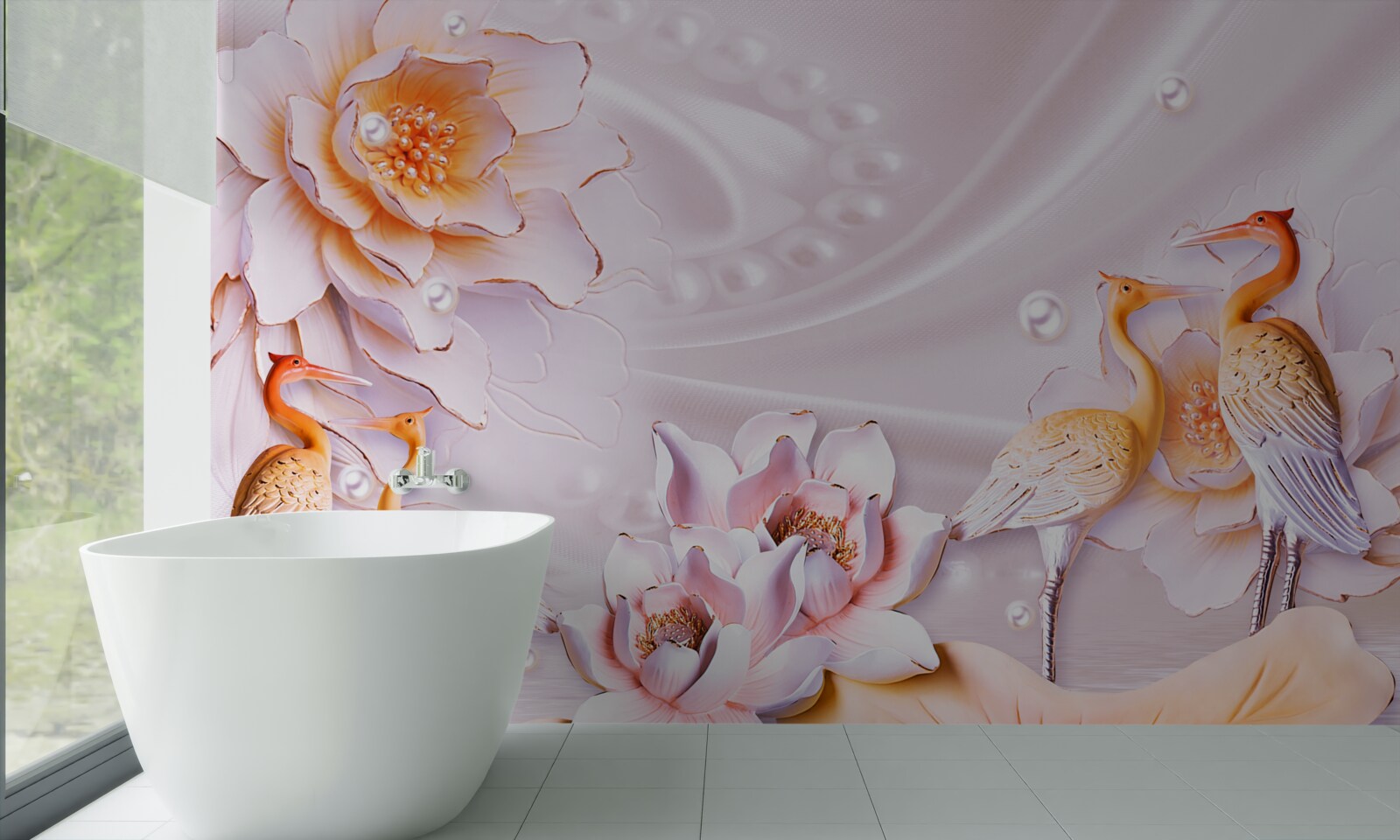 Фотошпалери зграя птахів і червоні троянди на шовку