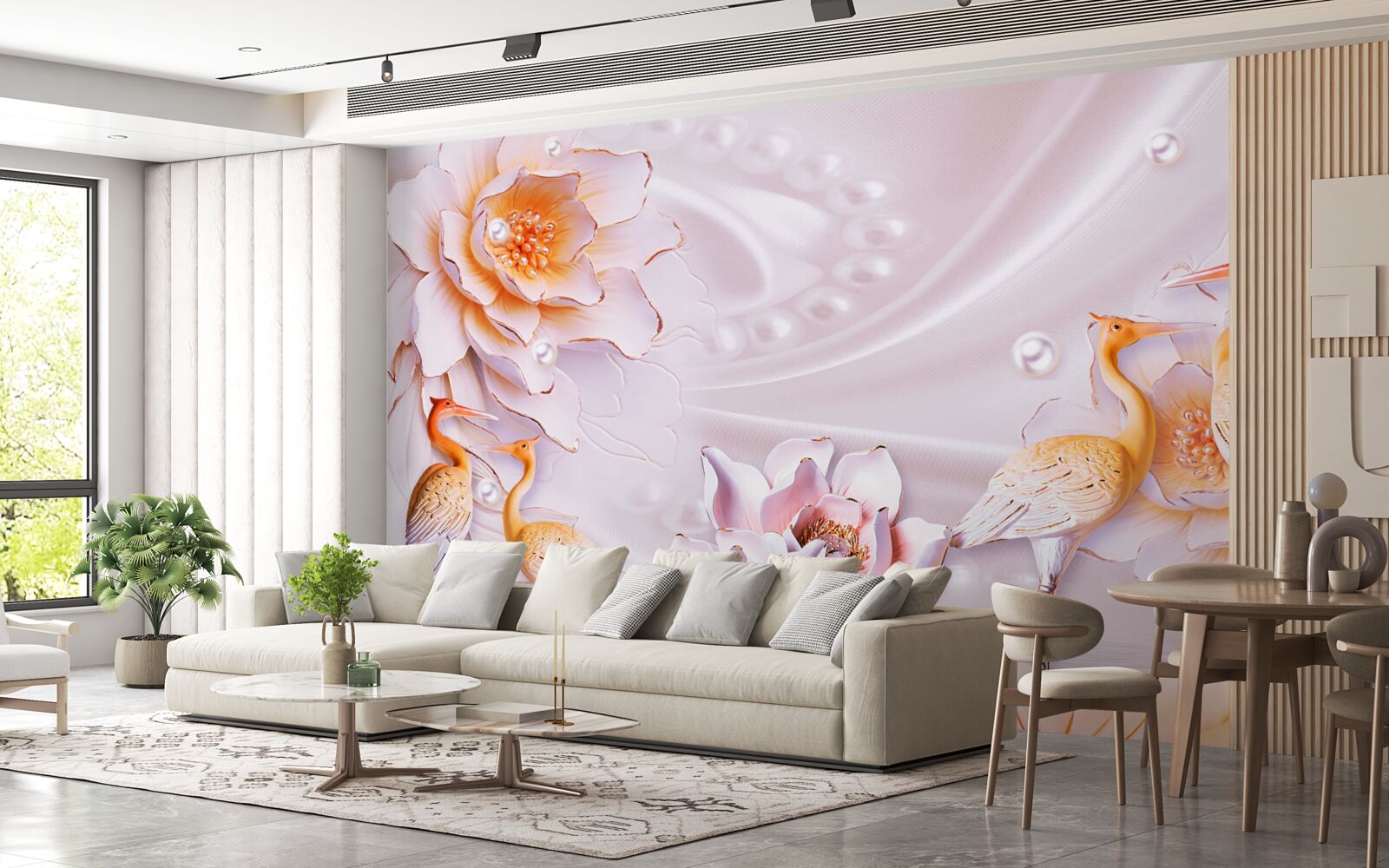 Фотошпалери зграя птахів і червоні троянди на шовку