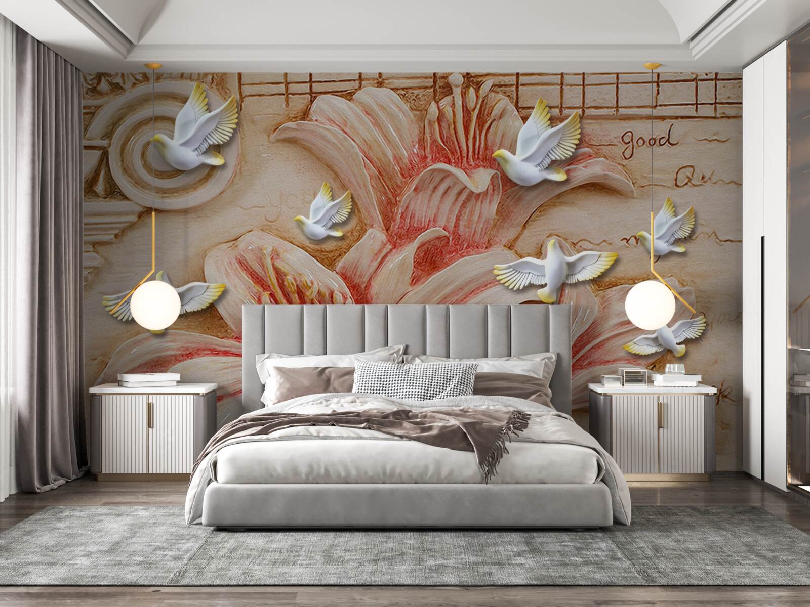 Фотошпалери рожеві лілії та світлі лебеді