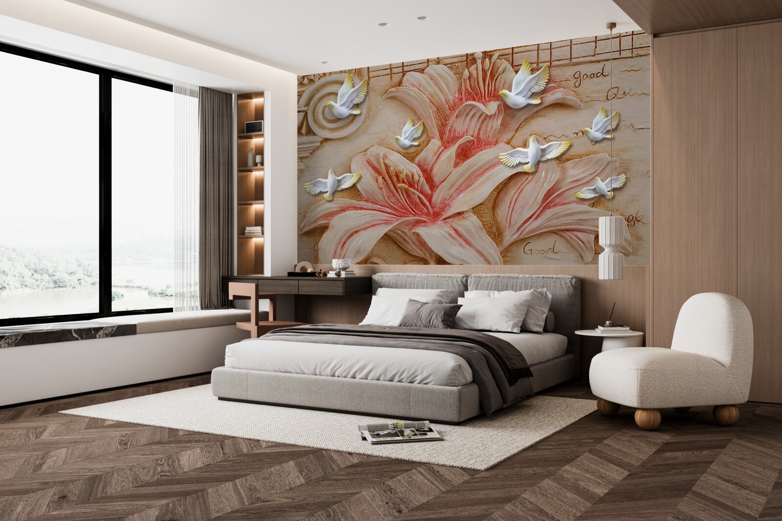 Фотошпалери рожеві лілії та світлі лебеді