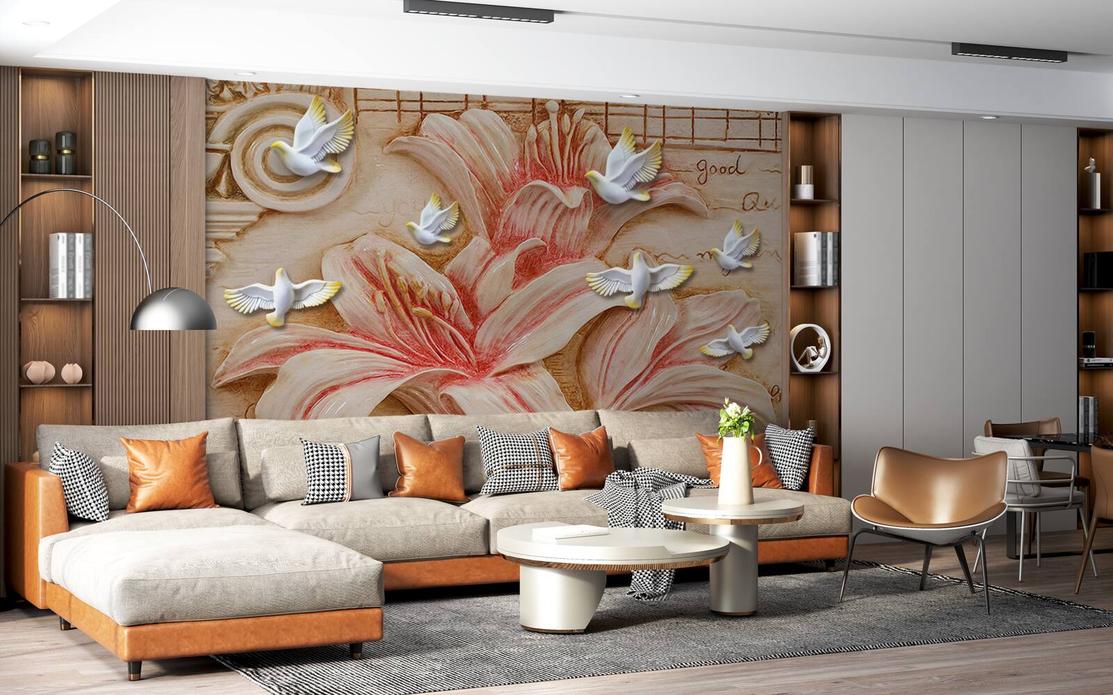 Фотошпалери рожеві лілії та світлі лебеді