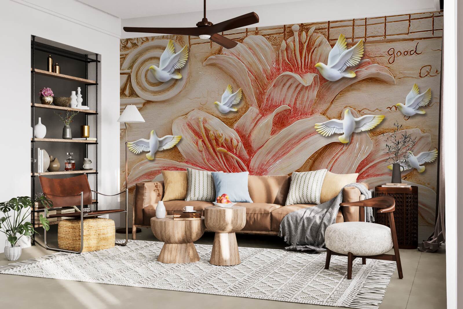 Фотошпалери рожеві лілії та світлі лебеді