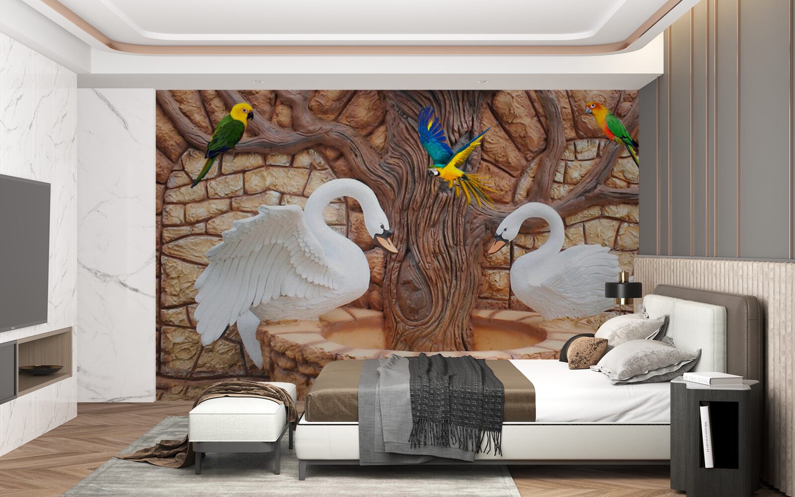 Фотошпалери два лебеді біля ставка