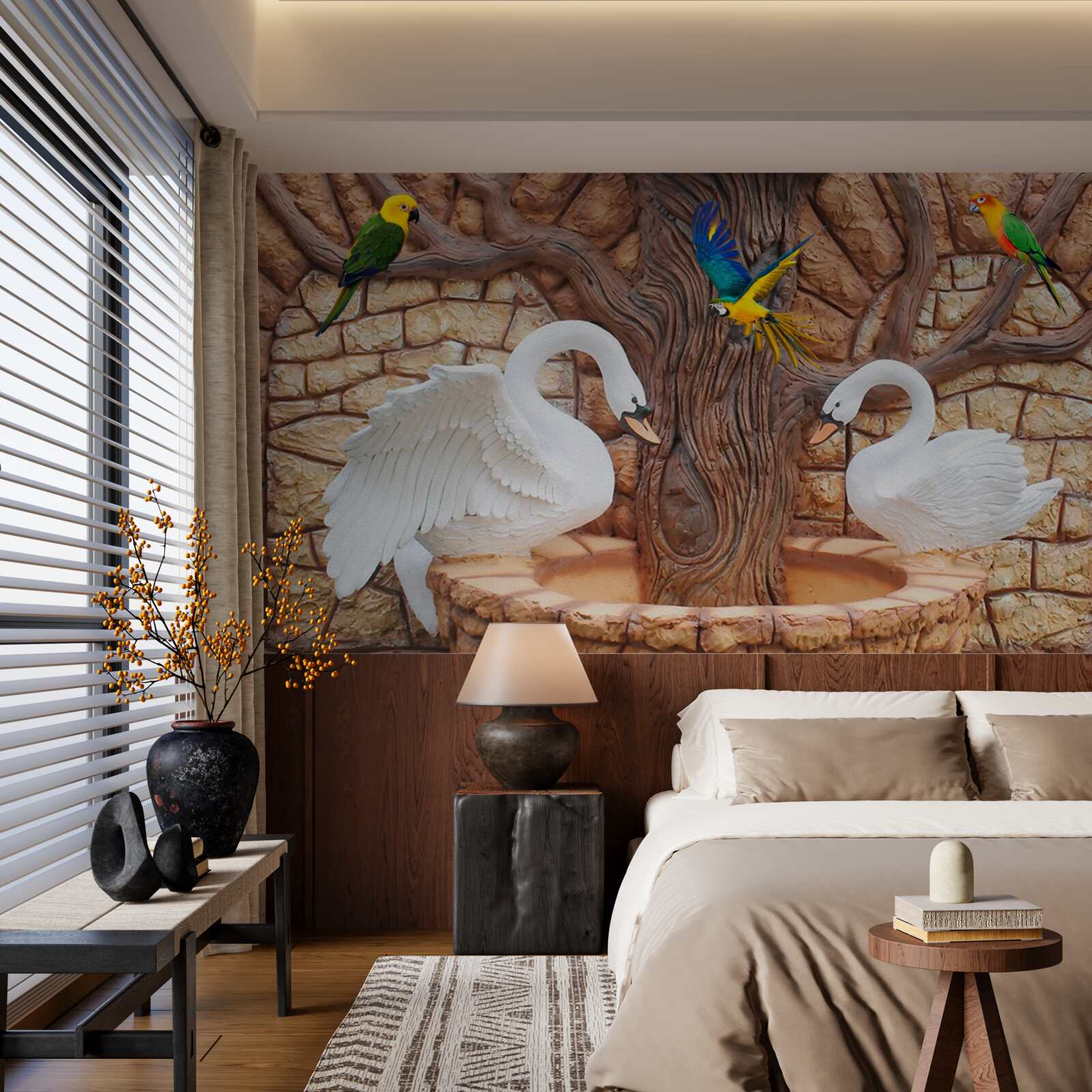 Фотошпалери два лебеді біля ставка